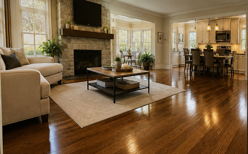 Elegant hardwood flooring flowing naturally through connected living and kitchen spaces