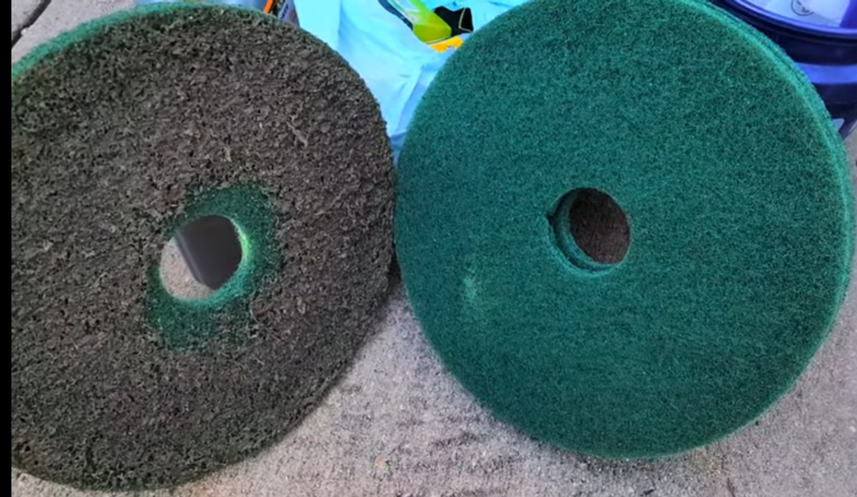 Floor pad before and after removing wax and acrylic buildup